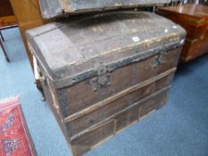 A PAINTED WOODEN AND METAL BOUND DOME TOP TRUNK, approximate size width 80cm x depth 56cm x height