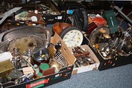 FIVE BOXES AND LOOSE METALWARES, CLOCKS, etc