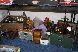 A QUANTITY OF TROPHIES, METALWARES, VINTAGE KEYS, VICTORIAN BOOKSLIDE, MANTEL CLOCK, etc