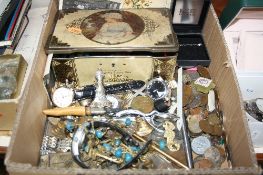 A BOX OF MISCELLANEOUS, including coins, watches, costume jewellery, etc