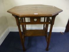 AN OAK ARTS AND CRAFTS STYLE OCCASIONAL TABLE, with octagonal top and undershelf, approximate size