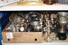 THREE BOXES AND LOOSE PLATED WARES, etc, to include trophies, candelabras, goblets, hollowares etc
