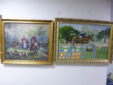 MID 20TH CENTURY BRITISH SCHOOL, Huntsmen and hounds, oil on canvas, signed lower right Rabdus, 50cm