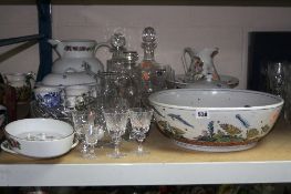 A POTTERY BOWL, painted with whales and other marine life, Potrmeirion, Waterford and other