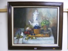 EDITH M ELLIOTT, still life vase of red chrysanthemums and dahlias, and an unsigned companion