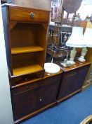 TWO MODERN MAHOGANY TWO DOOR CABINETS, with two small drawers and a small bookcase (3)