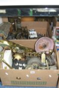 TWO BOXES OF BRASSWARES, SILVER PLATE, etc, including fireside items, cutlery etc