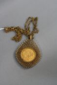 A MID 20TH CENTURY 9CT GOLD SOVEREIGN PENDANT, open work fancy design pear shape mount, measuring