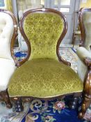 A VICTORIAN BUTTON BACK BEDROOM CHAIR, with green upholstery