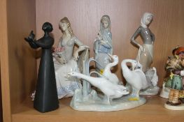 FIVE VARIOUS FIGURES/GROUPS, to include Lladro figure of young girl with duck at milk pail, Lladro