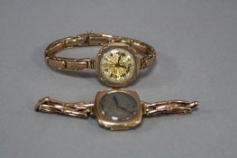 TWO EARLY 20TH CENTURY WRIST WATCHES, a ladies 9ct gold wristwatch, the square silvered dial with