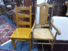 A MODERN OAK ARMCHAIR, and a single oak chair (2)