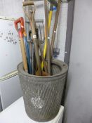 A GALVANISED BIN, containing a quantity of garden tools, a wheelbarrow and two deck chairs