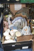 A BOX OF CERAMICS AND GLASSWARES, including collectors plates, teaset etc