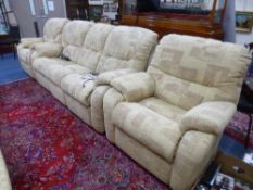 A G-PLAN BEIGE UPHOLSTERED THREE PIECE SUITE, comprising three seater sofa in three sections, the
