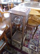A CARVED OAK FRENCH STYLE JARDINIERE STAND, with inset marble top (sd, losses)