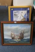 J. HARVEY, Maritime scene of battle ships, oil on canvas, signed, together with six various prints