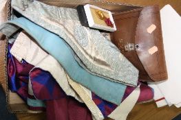 A BOX OF ASSORTED MASONIC REGALIA, including two Masonic medals (one silver)