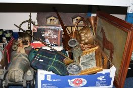 A VINTAGE DOLLS HOUSE, a model car, a model canon, a quantity of L.P's and singles, an oil on canvas