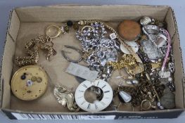 A BOX OF ASSORTED COSTUME JEWELLERY, etc