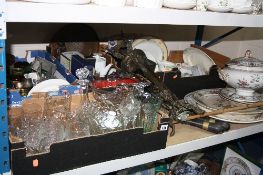 FOUR BOXES OF GLASSWARES, CERAMICS, KITCHENALIA, etc, Victorian part dinner service, cast metal