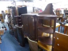 A SMALL DISPLAY CABINET, two corner cupboards, a corner display stand, etc (three keys) (5)