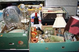 THREE BOXES OF METALWARES, ONYX, L.P'S, PRINTS, etc