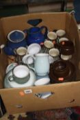 A BOX OF DENBY POTTERY, cups, saucers, jugs etc, part sets, various designs