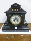 A VICTORIAN BLACK SLATE MANTEL CLOCK, approximate size width 40cm x depth 16cm x height 38cm (key