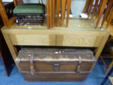 A MODERN LIGHT OAK SIDE TABLE, with two drawers on square supports