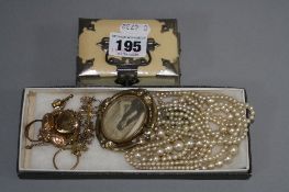 A MIXED LOT OF COSTUME JEWELLERY, etc including a Victorian mourning brooch