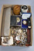 A BOX OF MISCELLANEOUS, to include costume, silver, cameos, coins, etc