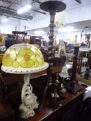 AN OAK BARLEY TWIST TORCHERE, a mahogany torchere, a decorative occasional table, etc (6)