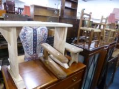 A PAIR OF CHILDS CHAIRS, three stools, etc (6)