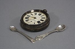 A SILVER POCKET WATCH, and two silver salt spoons (3)