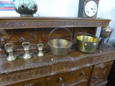 A QUANTITY OF BRASS AND COPPERWARE, including weights, fire irons, etc (10)