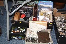 TWO BOXES AND LOOSE SUNDRY ITEMS, to include cutlery, jewellery box, books, Zenit TTL camera etc