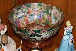 A MODERN FAMILLE ROSE BOWL, on a wooden stand