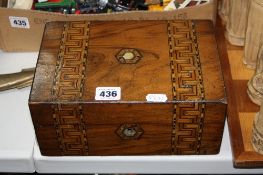 AN INLAID WORK BOX, containing photo's, spectacles etc