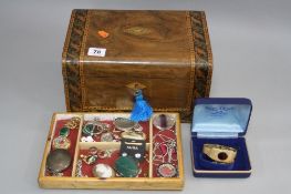 A JEWELLERY BOX, with miscellaneous costume, etc