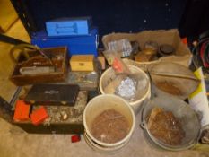 A TIN TRUNK, four metal tool crates with contents, five buckets of nails, etc