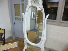 A FRENCH STYLE WHITE PAINTED CHEVAL MIRROR, (situated in cafe area)