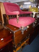 AN OAK BARLEY TWIST GATE LEG TABLE, a bookcase and a low armchair (sd) (3)