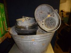 A QUANTITY OF GALVANISED ITEMS, to include bath and buckets