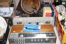 A PHILIPS 790 HI-FI AND A SUITCASE OF COLLECTABLES, including candlestick telephone (in need of