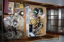 A BOX OF MISCELLANEOUS COSTUME JEWELLERY, etc