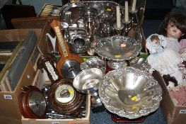 TWO BOXES AND LOOSE PLATED WARES, BAROMETERS, etc