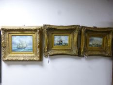 THREE REPRODUCTION GILT FRAMED OIL PAINTINGS, - Maritime scenes, a pair signed E Johns, the other