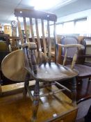 A SLAT BACK KITCHEN ARMCHAIR, a large wall mirror and a quantity of various pictures, etc