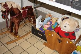 CHILDS ROCKING HORSE, doll's crib, soft toys and doll's house furniture etc